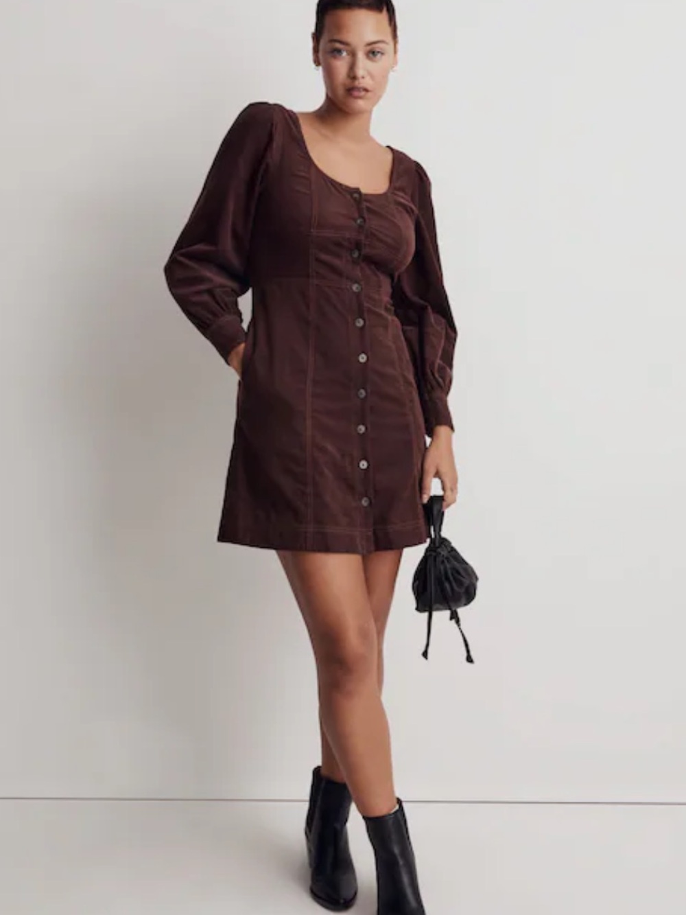 NEW Madewell Raisin Brown Corduroy Seamed Long-Sleeve Mini Dress Size 4